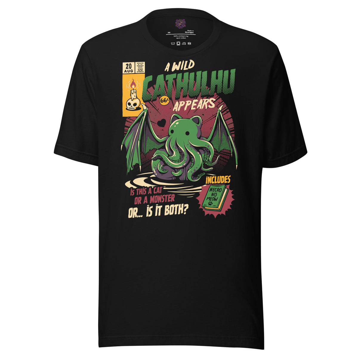 Cathulhu graphic unisex t-shirt in black, front view