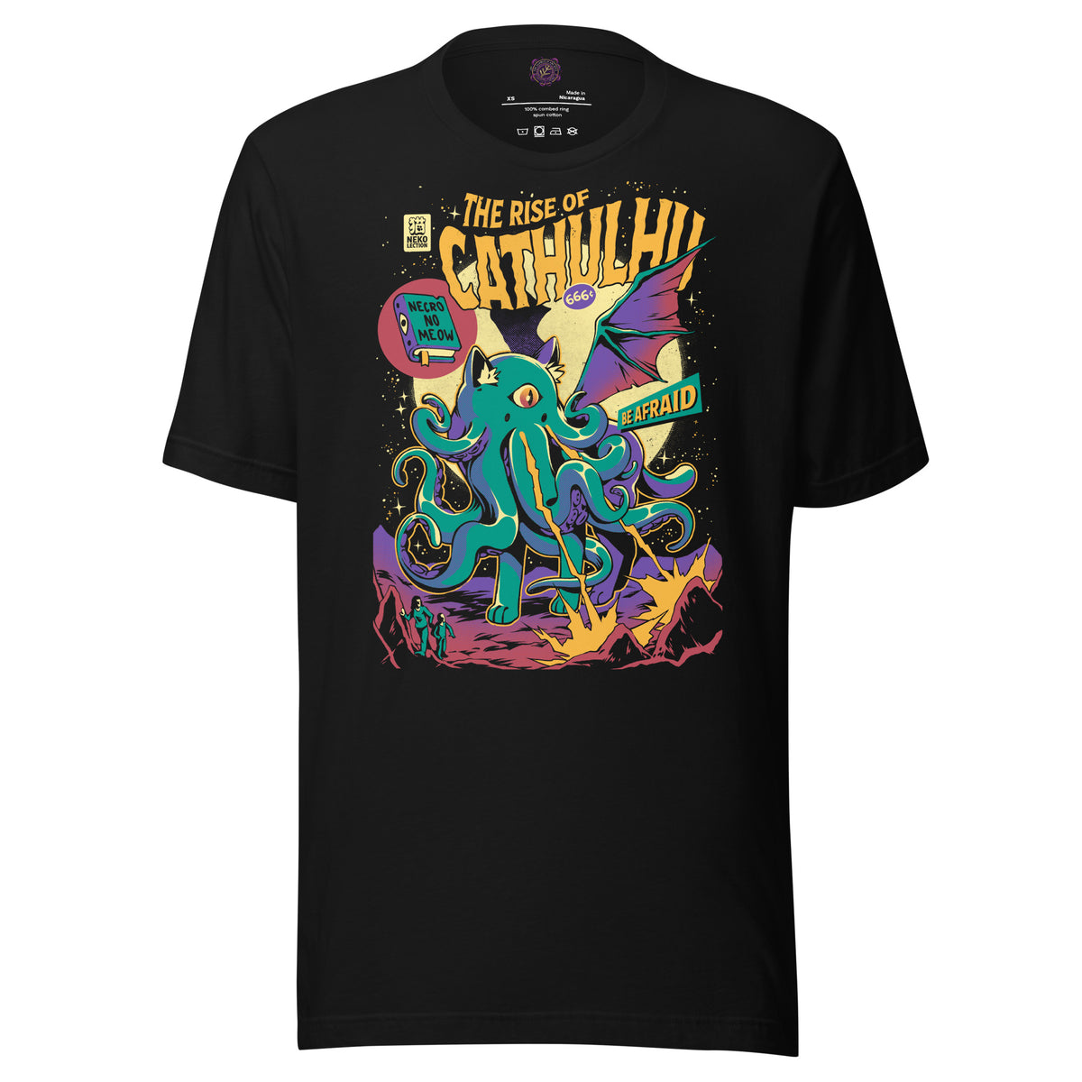 The Rise of Cathulhu graphic unisex t-shirt in black, front view