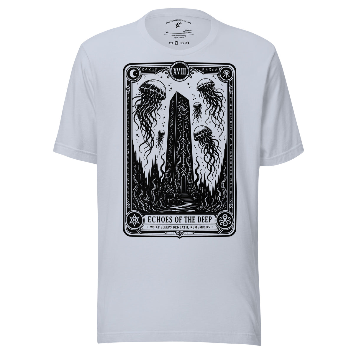 Echoes of the Deep graphic unisex t-shirt in light blue, front view