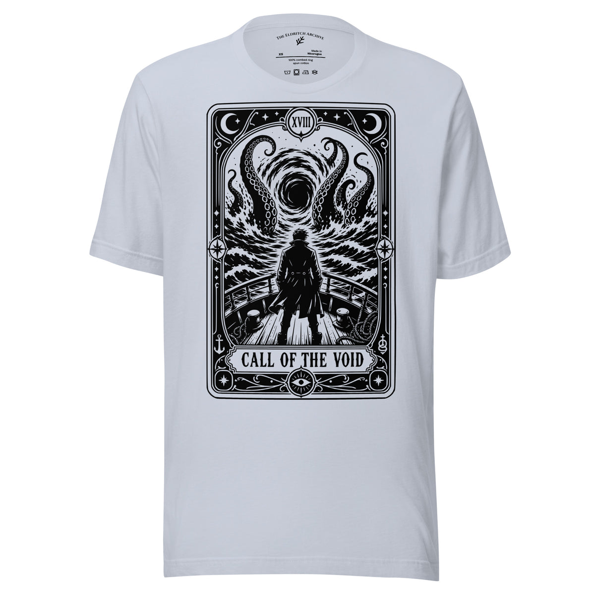 Call of the Void graphic unisex t-shirt in light blue, front view