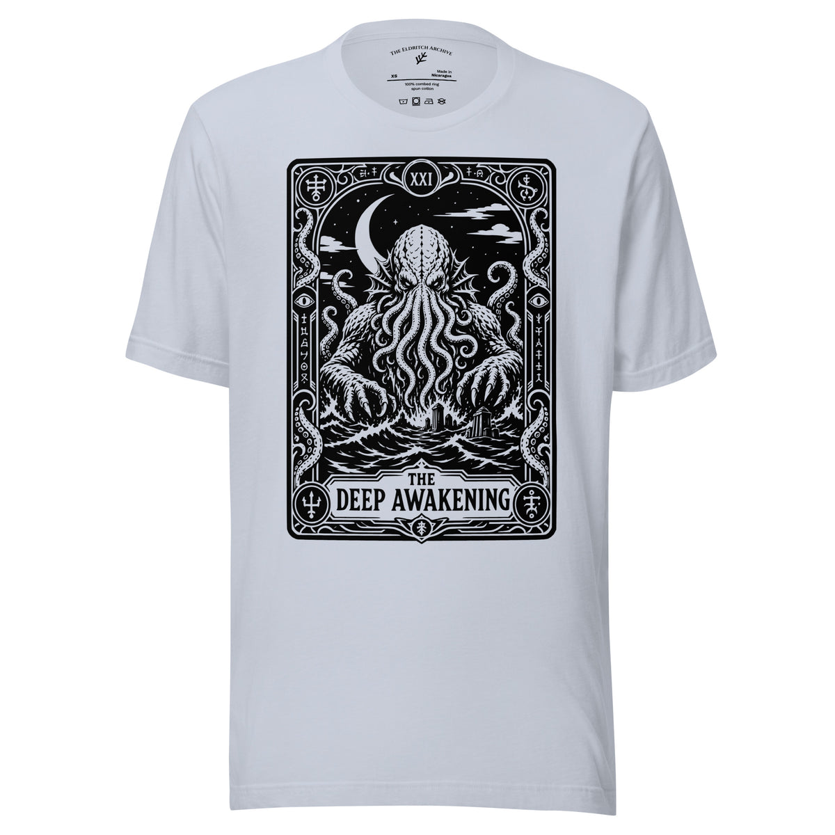 The Deep Awakening graphic unisex t-shirt in light blue, front view