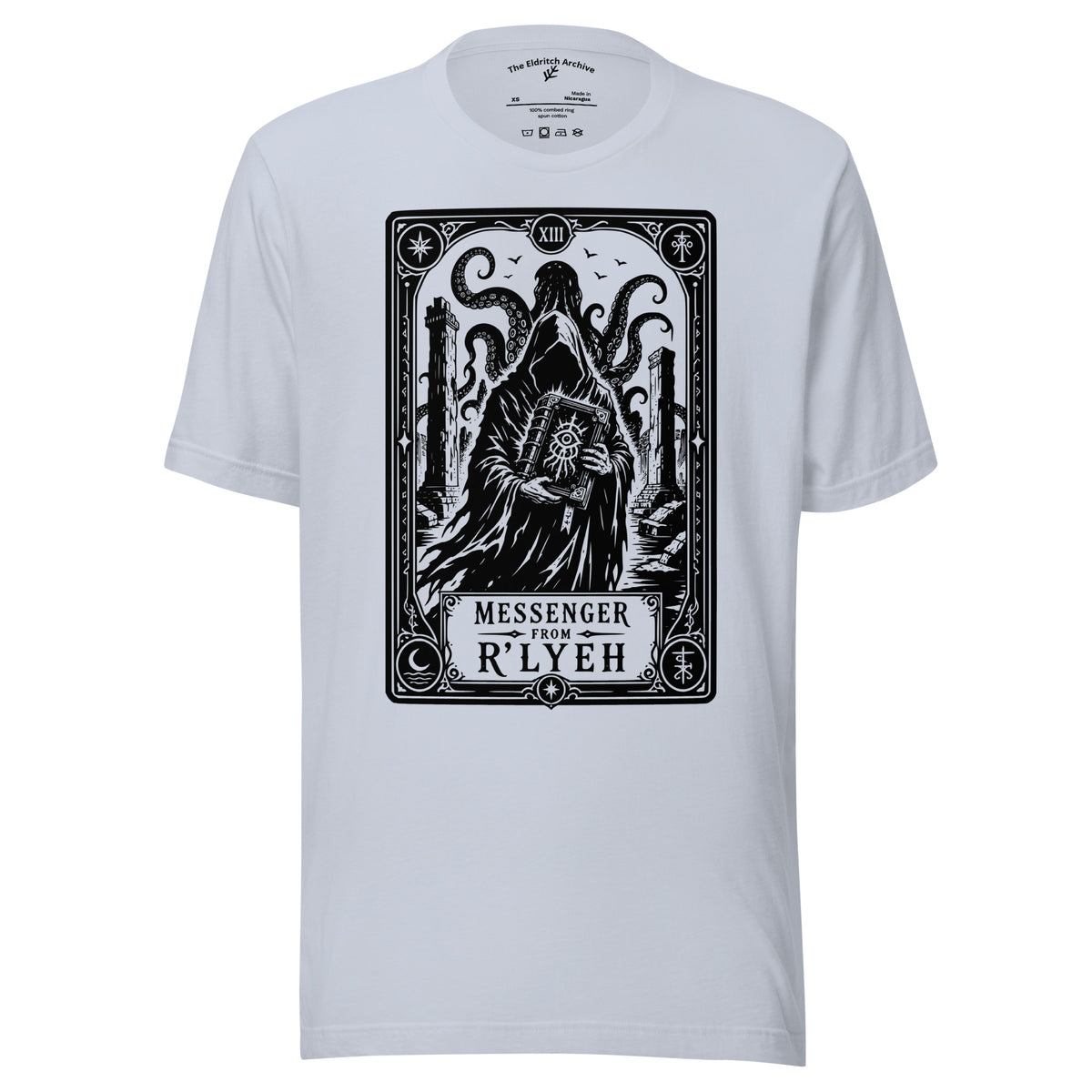 Messenger From R'lyeh graphic unisex t-shirt in light blue, front view