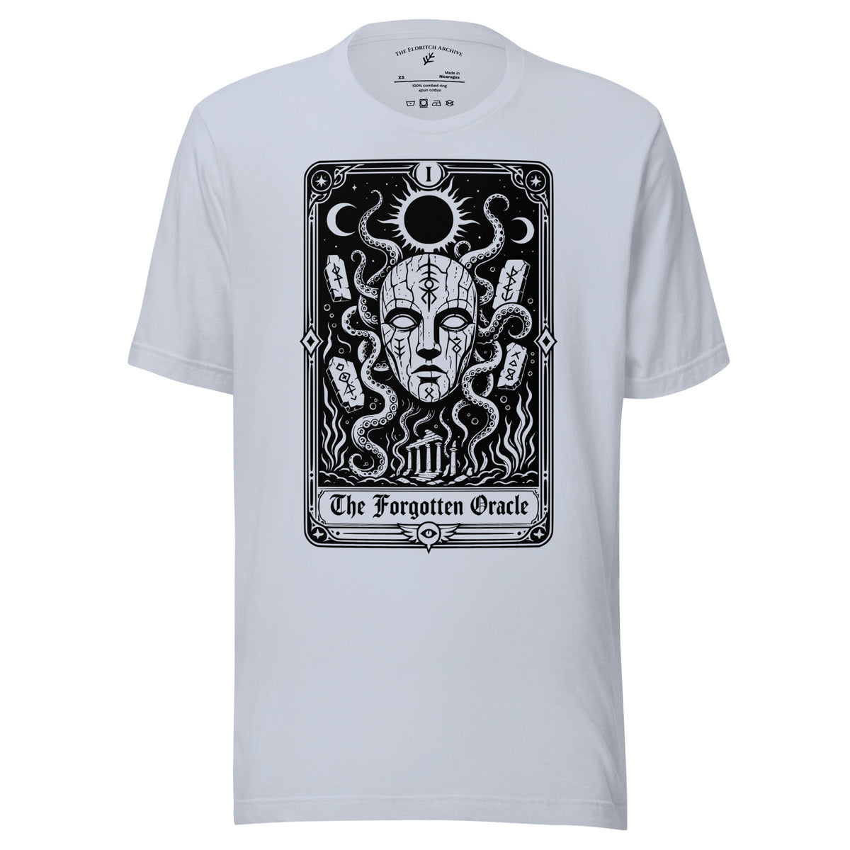 The Forgotten Oracle graphic unisex t-shirt in light blue, front view