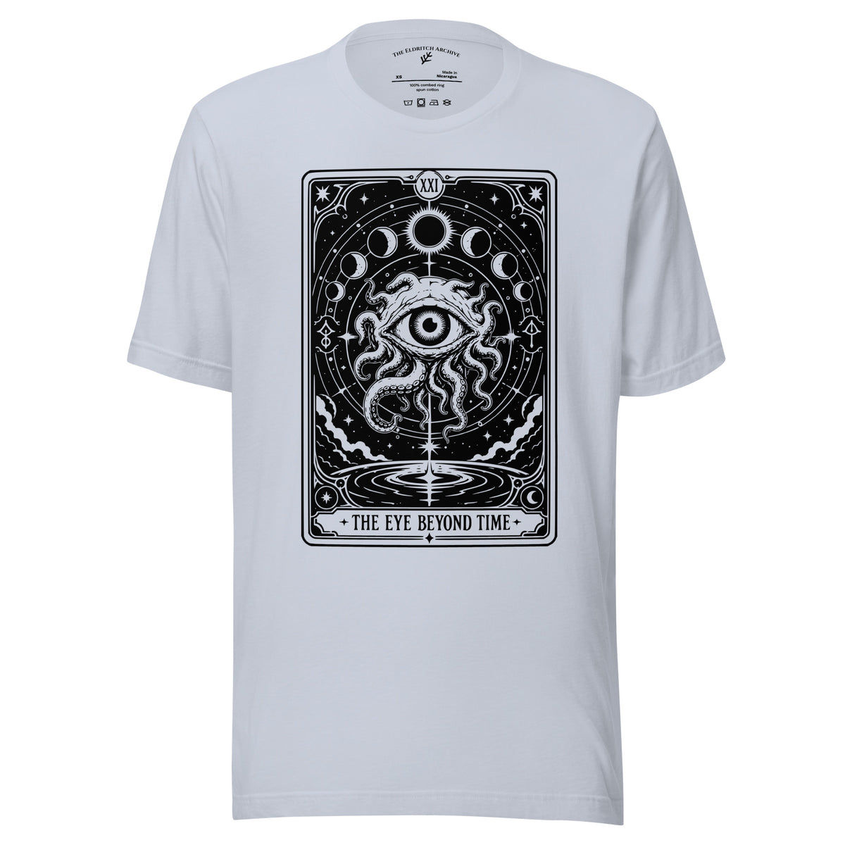 The Eye Beyond Time graphic unisex t-shirt in light blue, front view