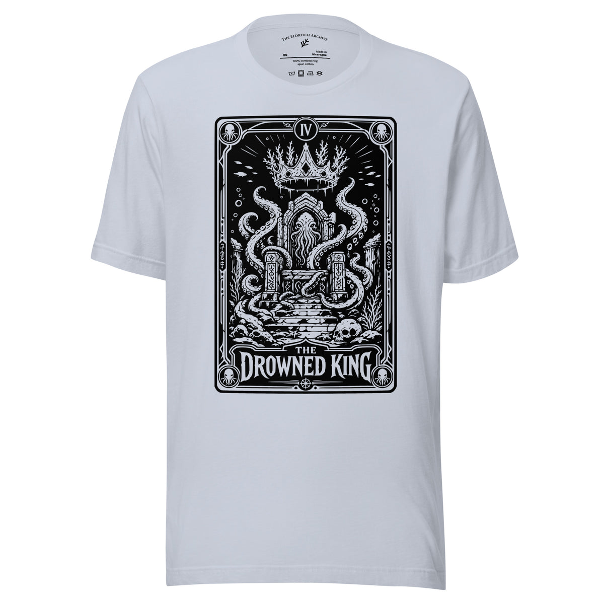 The Drowned King graphic unisex t-shirt in light blue, front view