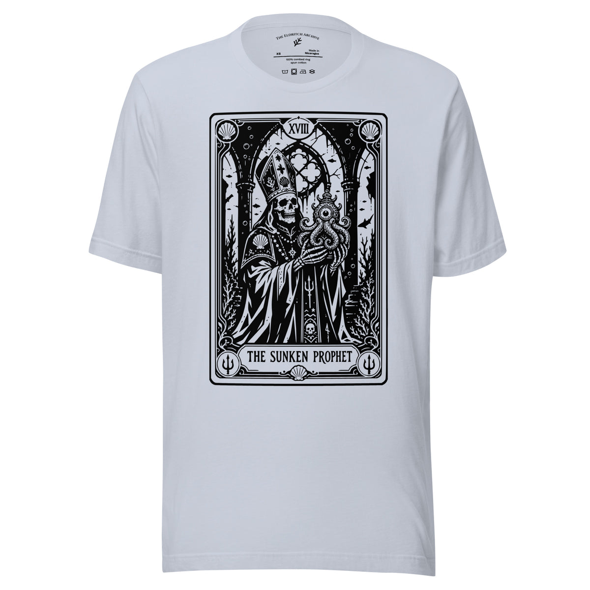 The Sunken Prophet graphic unisex t-shirt in light blue, front view