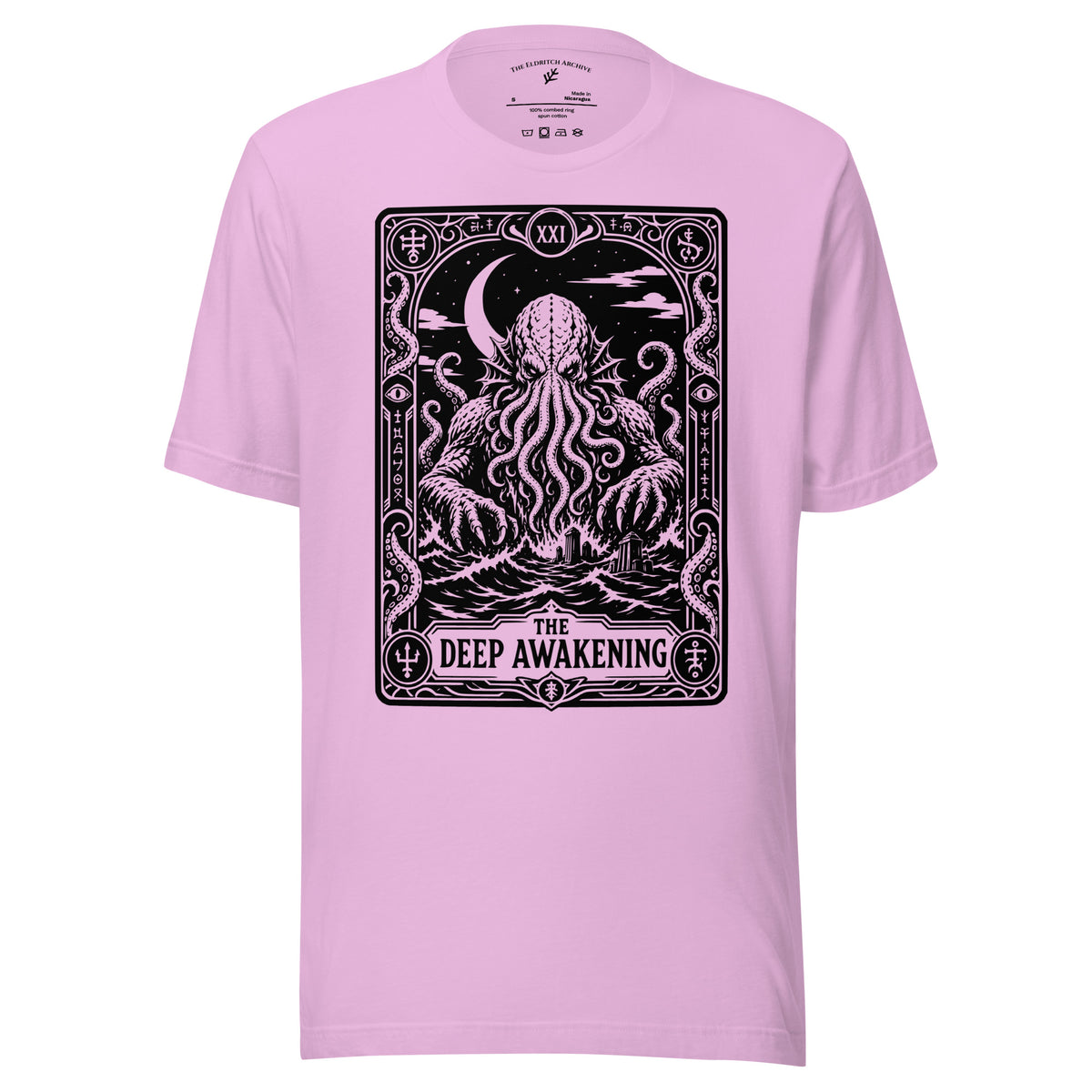 The Deep Awakening graphic unisex t-shirt in lilac, front view