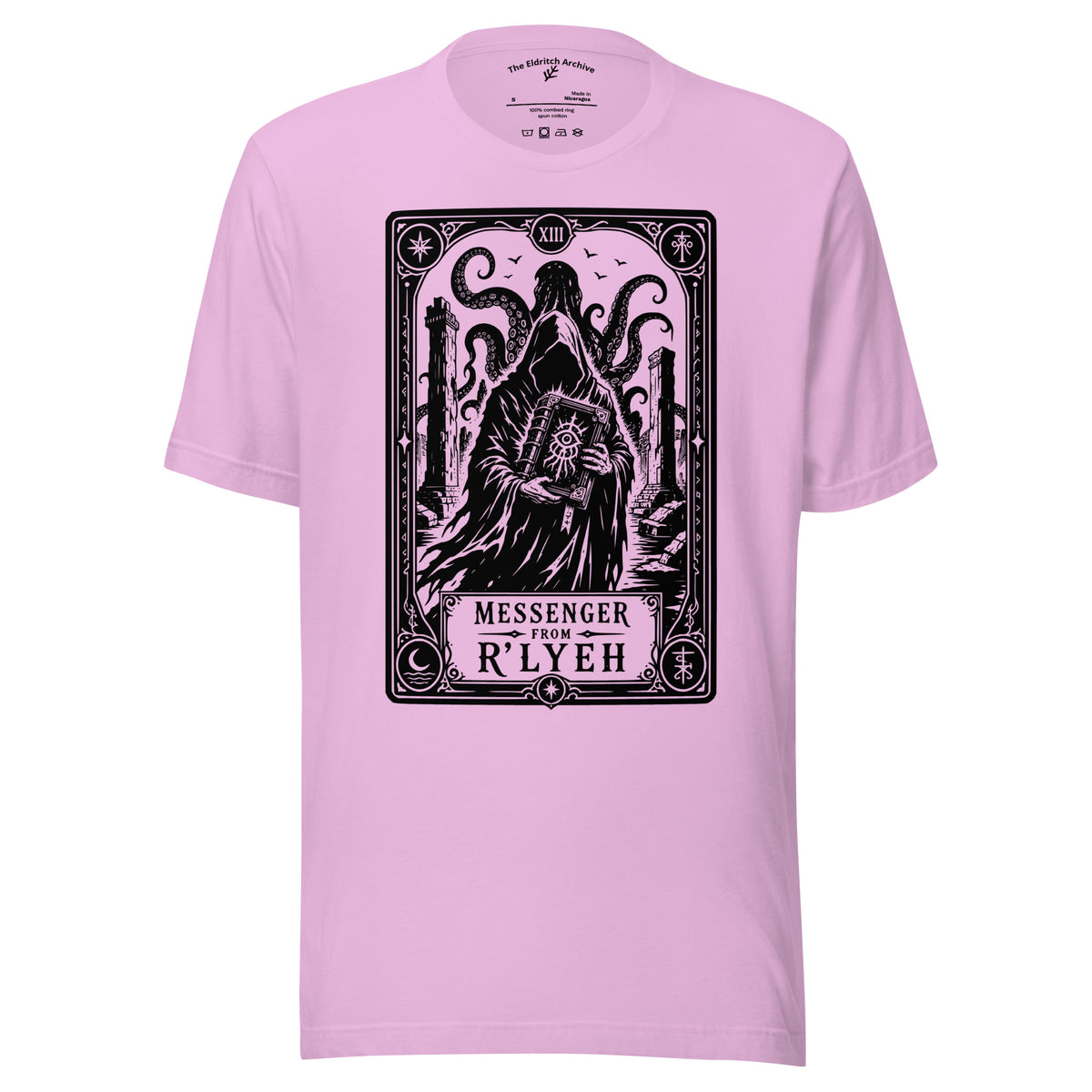 Messenger From R'lyeh graphic unisex t-shirt in lilac, front view