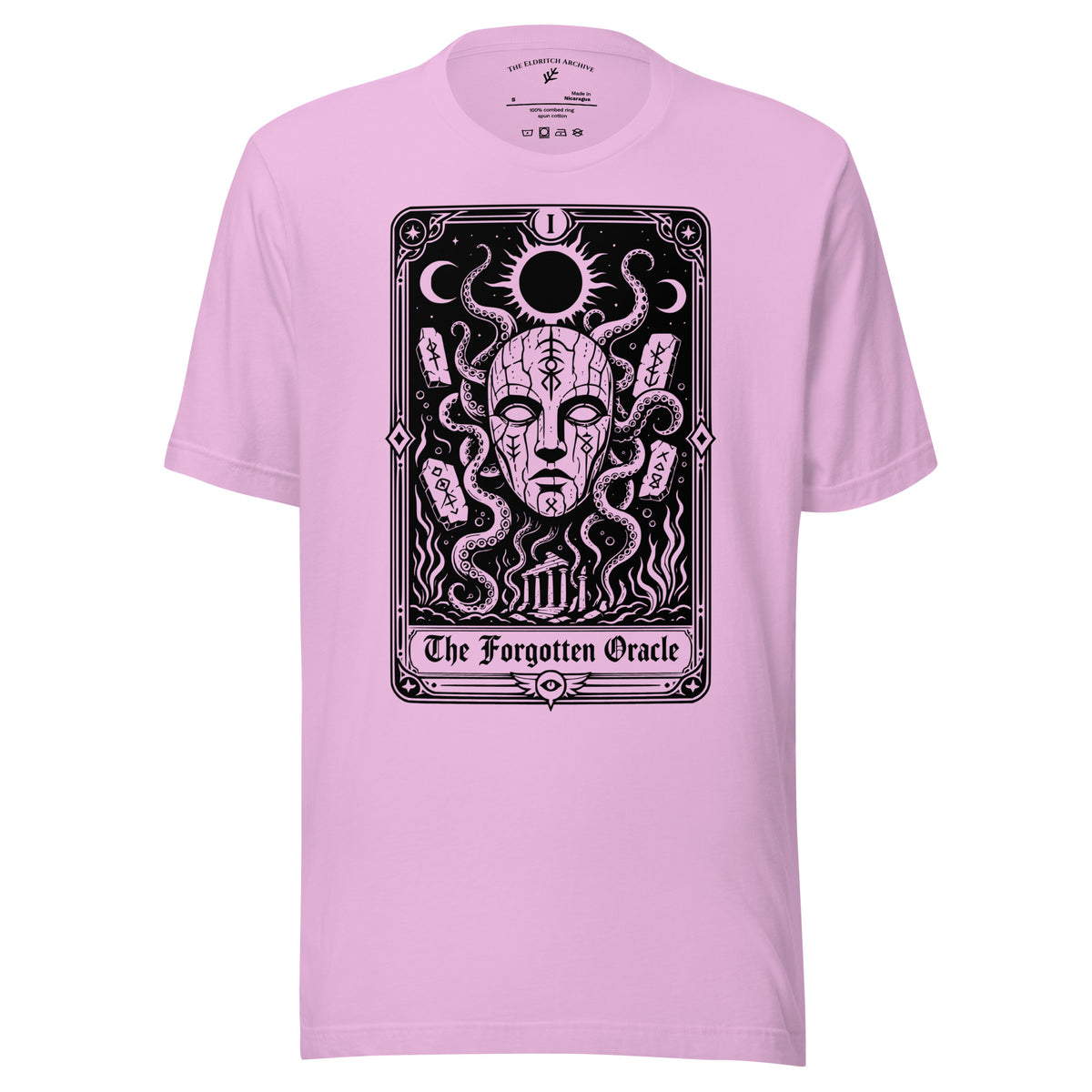 The Forgotten Oracle graphic unisex t-shirt in lilac, front view