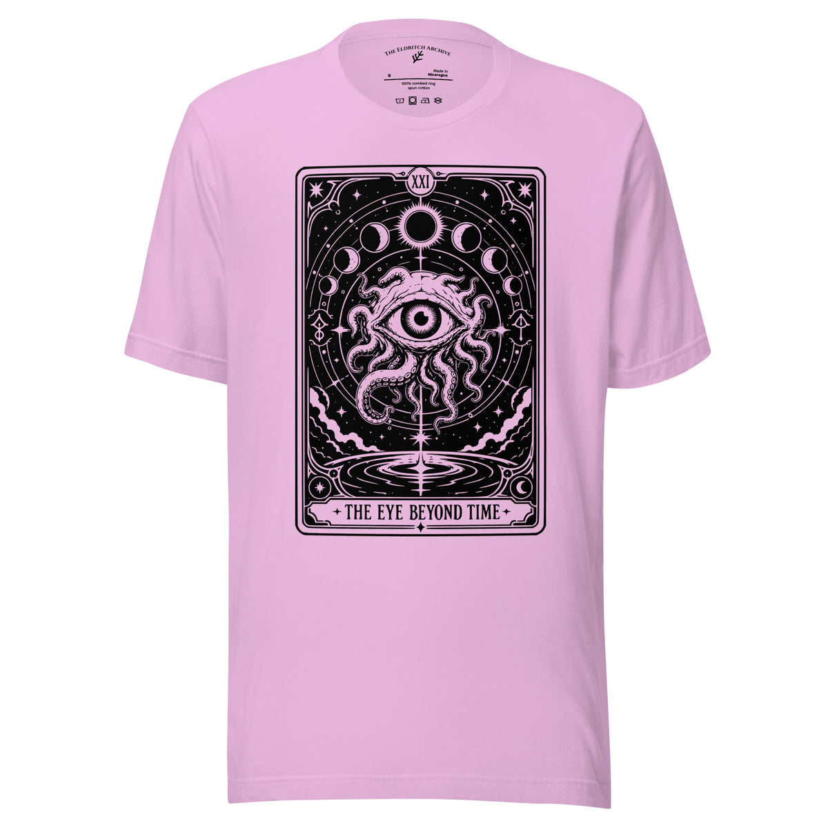 The Eye Beyond Time graphic unisex t-shirt in lilac, front view