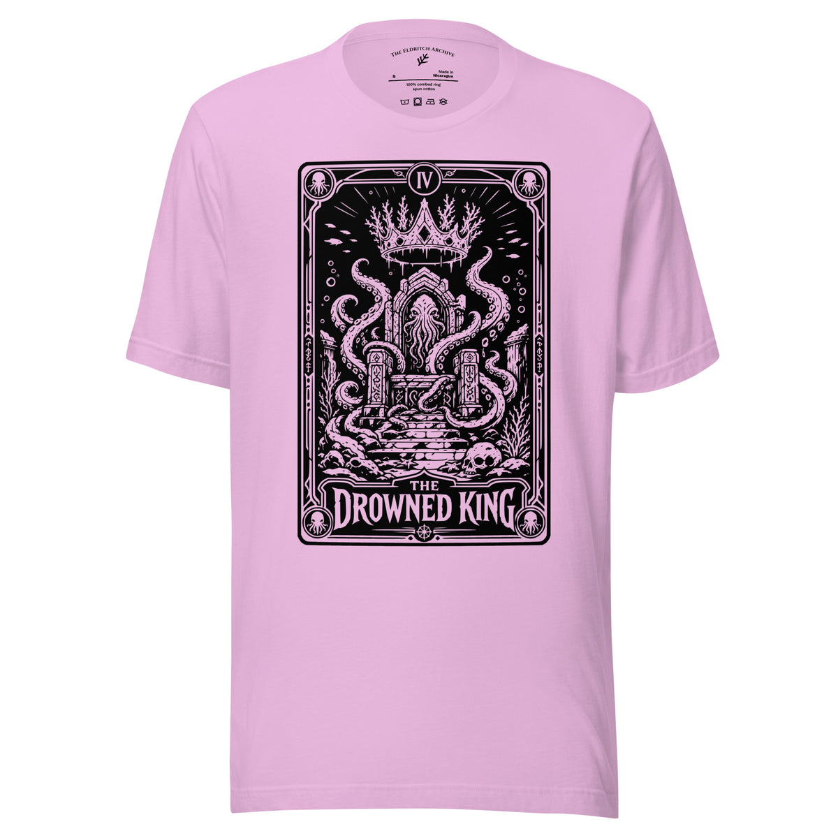 The Drowned King graphic unisex t-shirt in lilac, front view