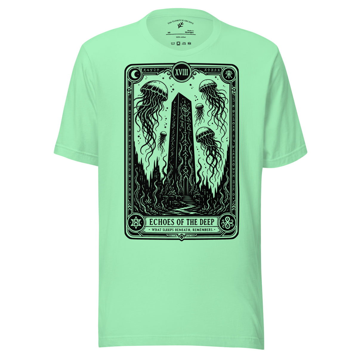 Echoes of the Deep graphic unisex t-shirt in mint, front view