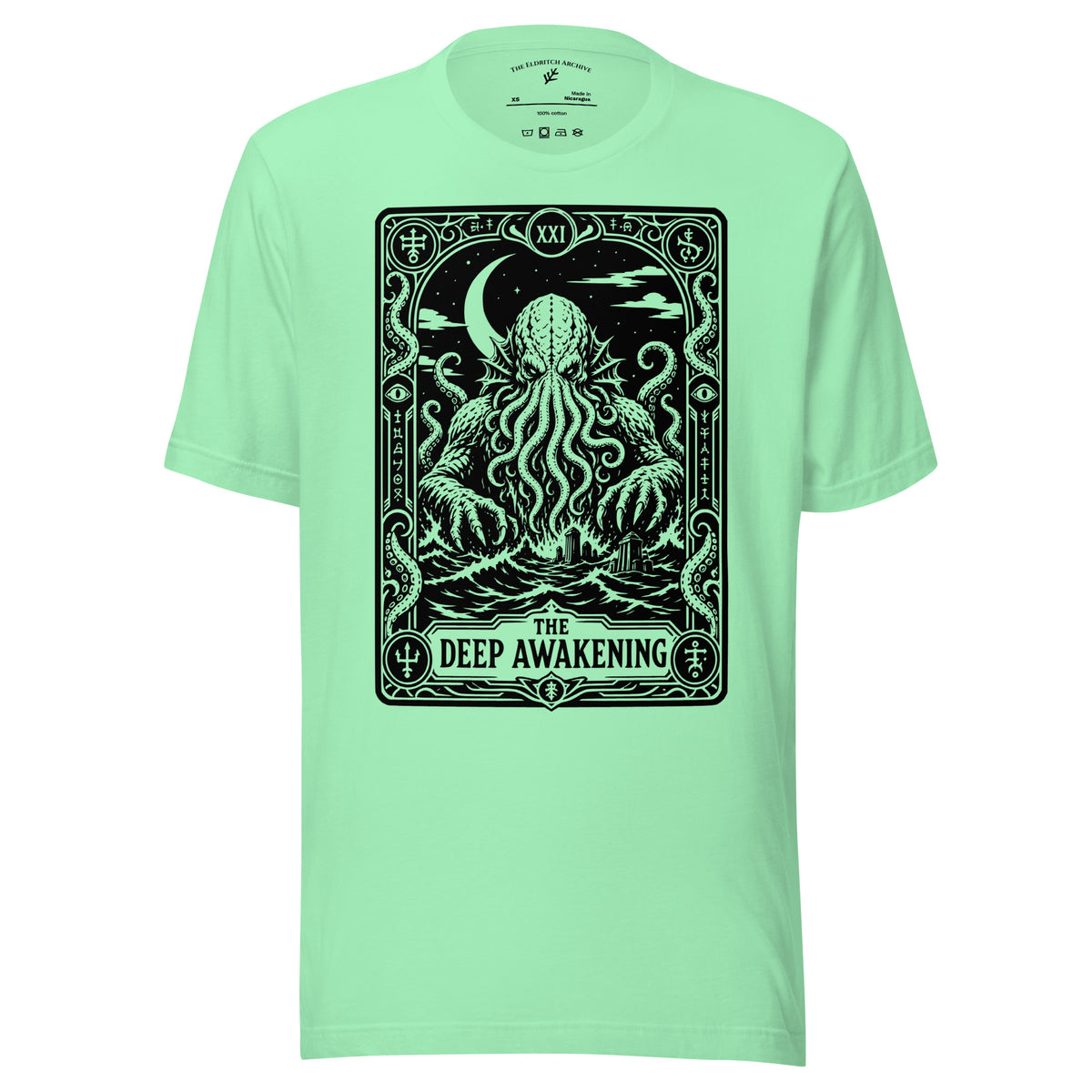 The Deep Awakening graphic unisex t-shirt in mint, front view