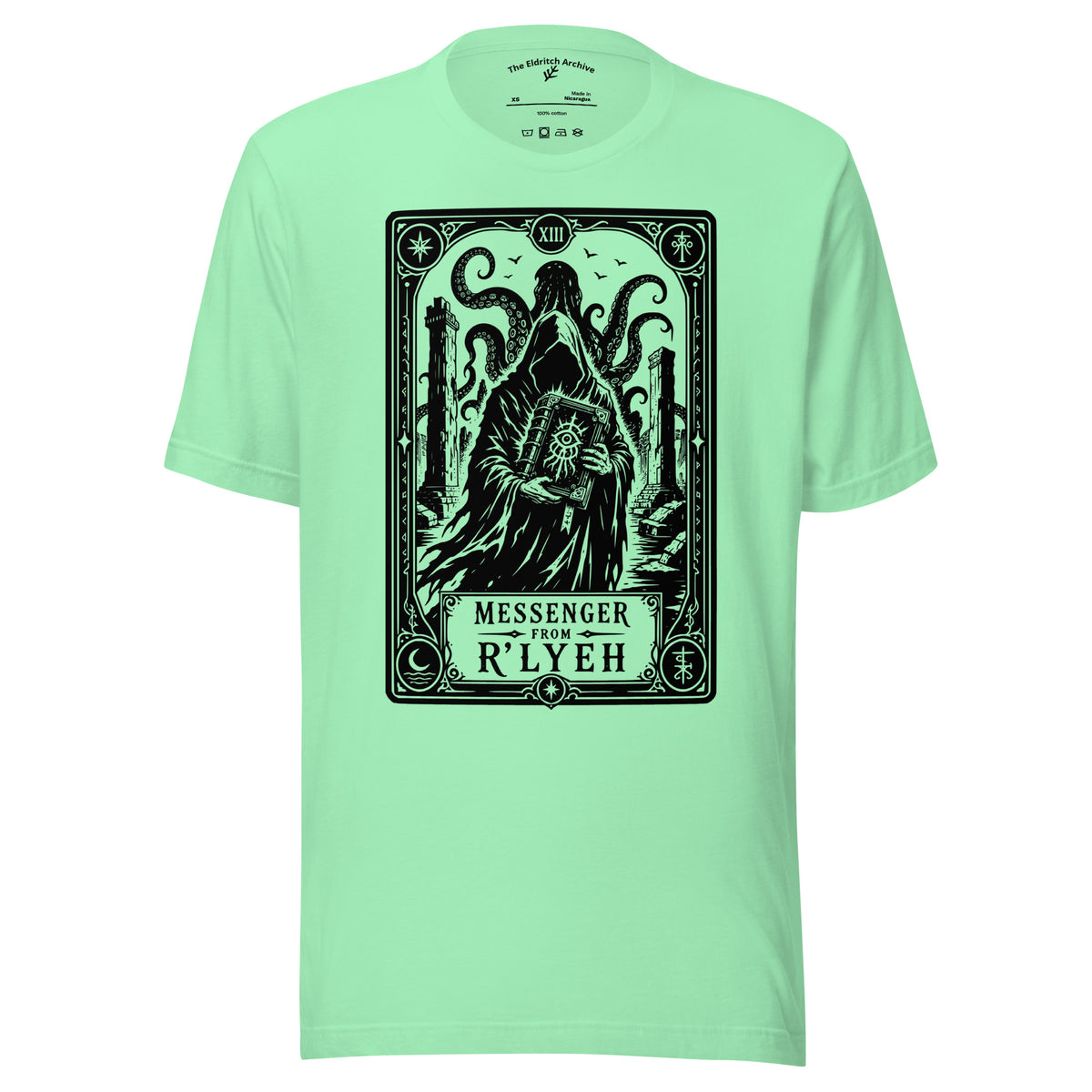 Messenger From R'lyeh graphic unisex t-shirt in mint, front view