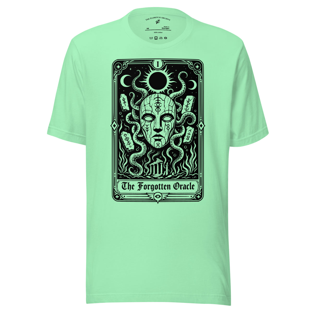 The Forgotten Oracle graphic unisex t-shirt in mint, front view