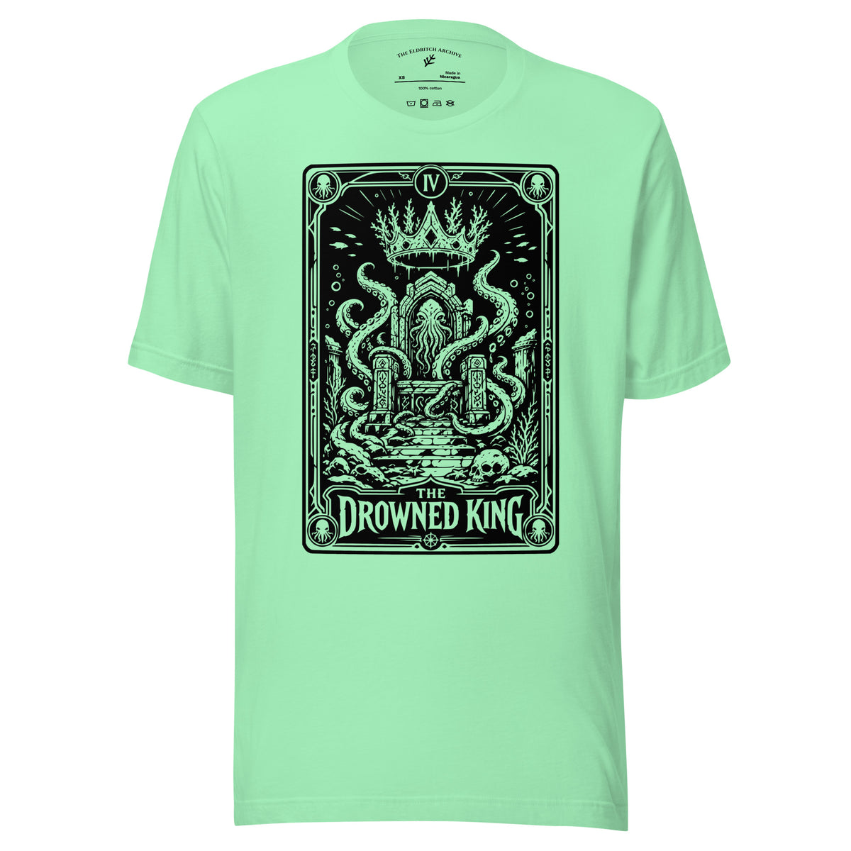 The Drowned King graphic unisex t-shirt in mint, front view