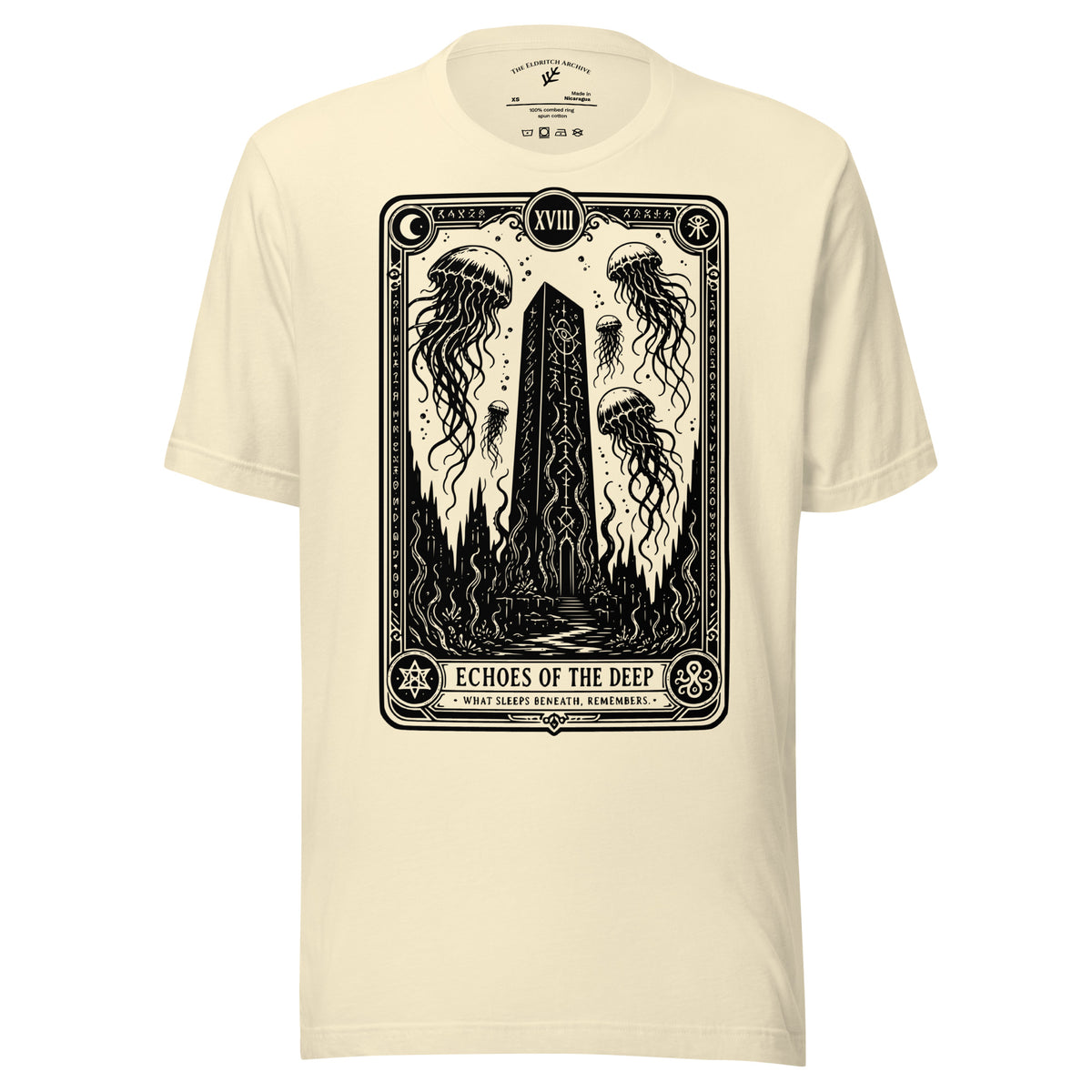 Echoes of the Deep graphic unisex t-shirt in natural, front view