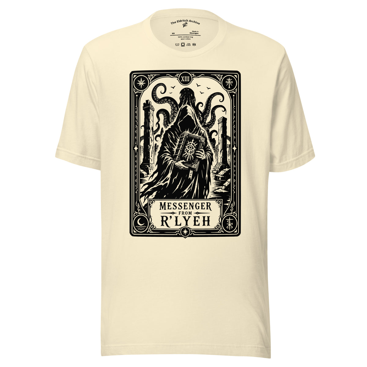 Messenger From R'lyeh graphic unisex t-shirt in natural, front view