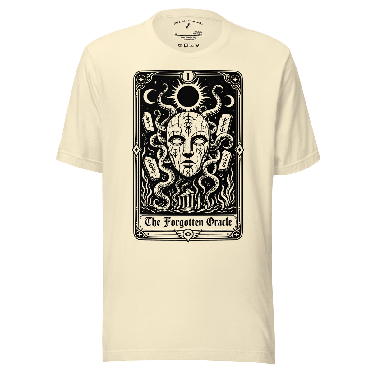 The Forgotten Oracle graphic unisex t-shirt in natural, front view