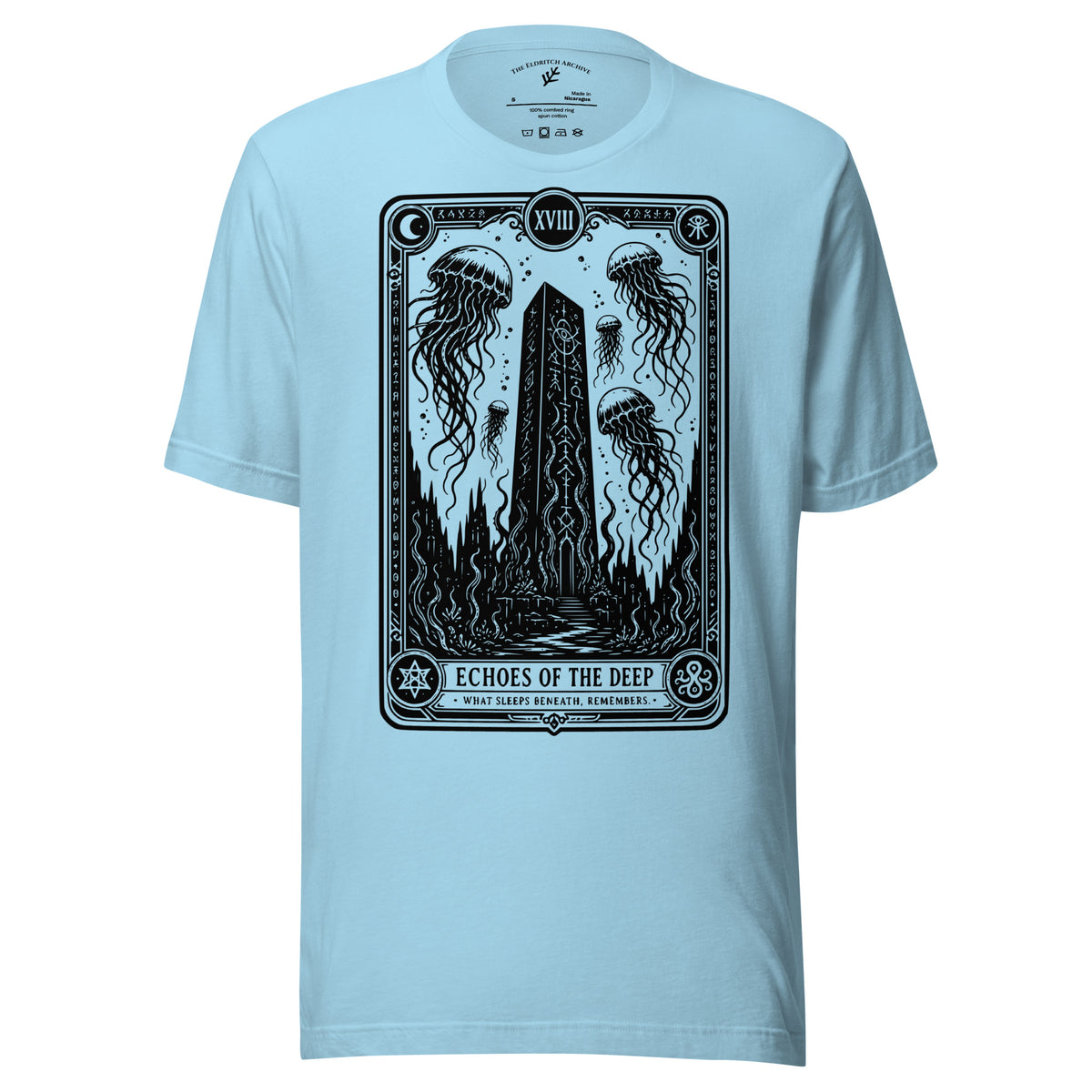 Echoes of the Deep graphic unisex t-shirt in ocean blue, front view