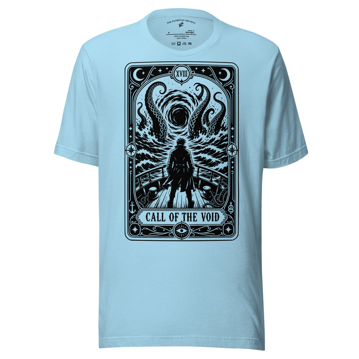 Call of the Void graphic unisex t-shirt in ocean blue, front view