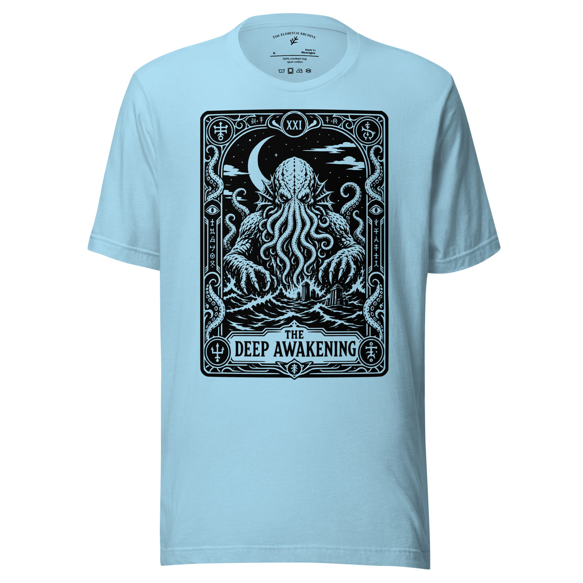 The Deep Awakening graphic unisex t-shirt in ocean blue, front view