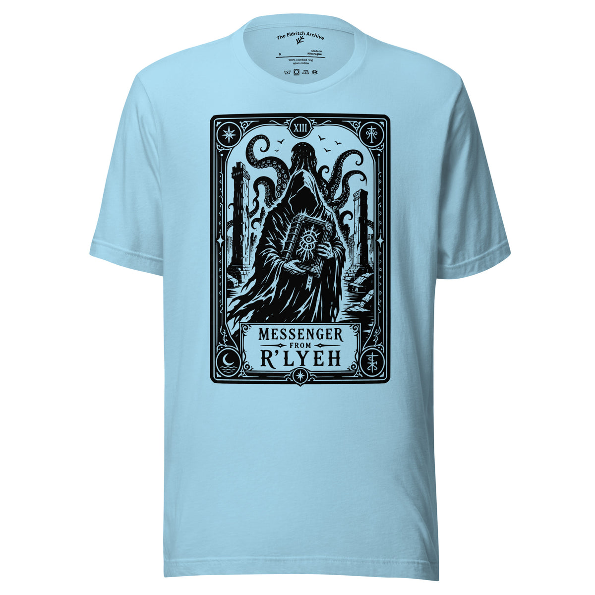 Messenger From R'lyeh graphic unisex t-shirt in ocean blue, front view