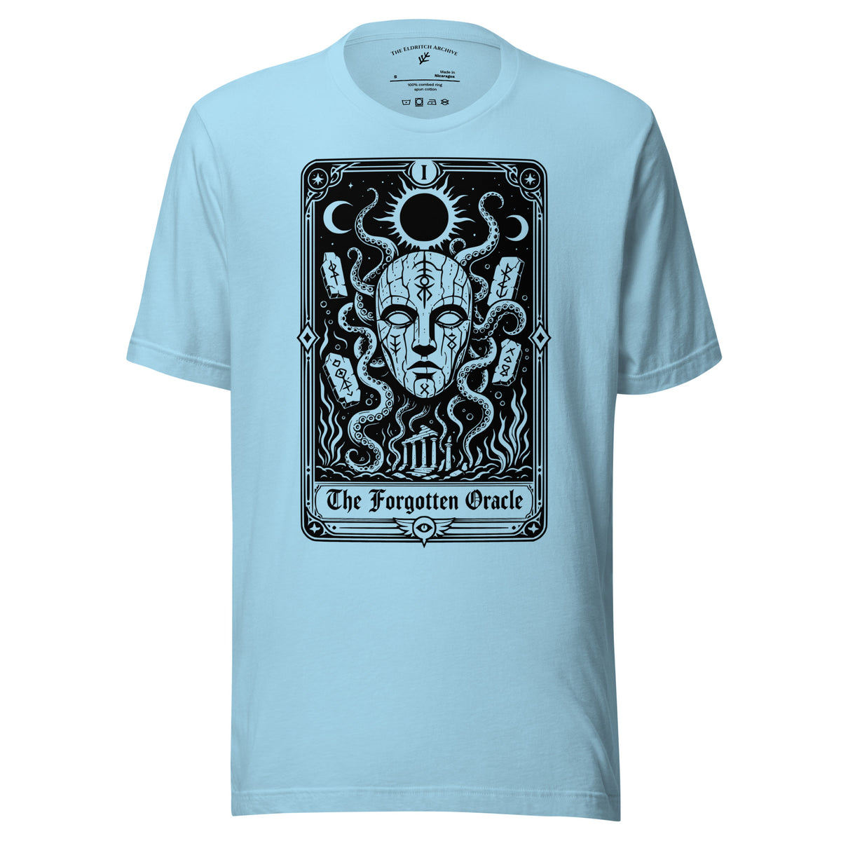 The Forgotten Oracle graphic unisex t-shirt in ocean blue, front view