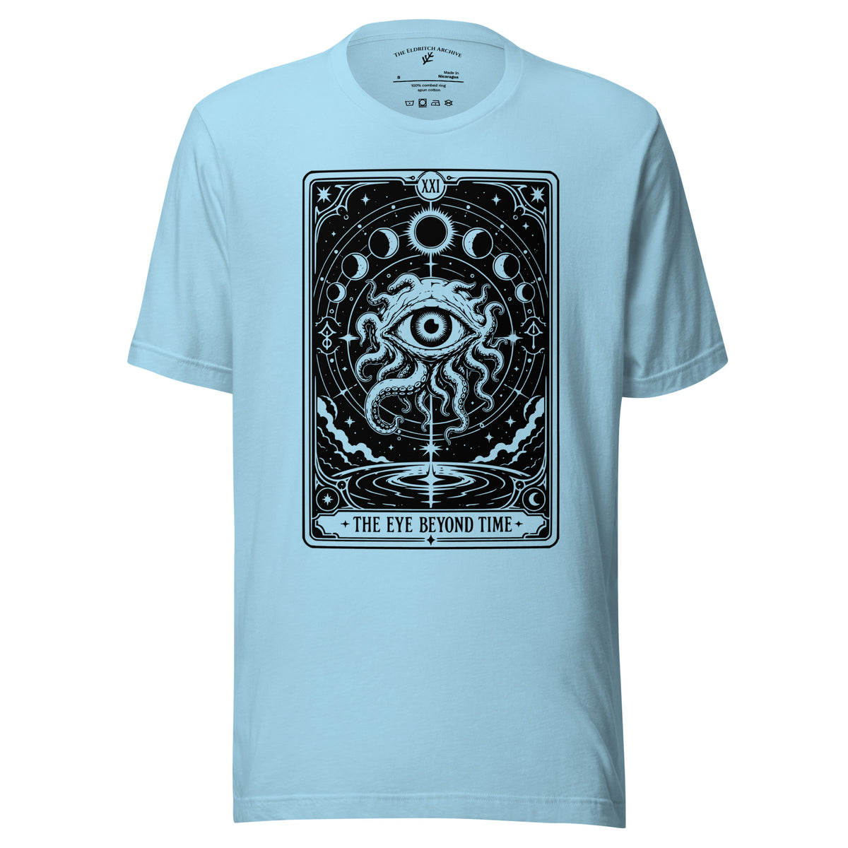 The Eye Beyond Time graphic unisex t-shirt in ocean blue, front view