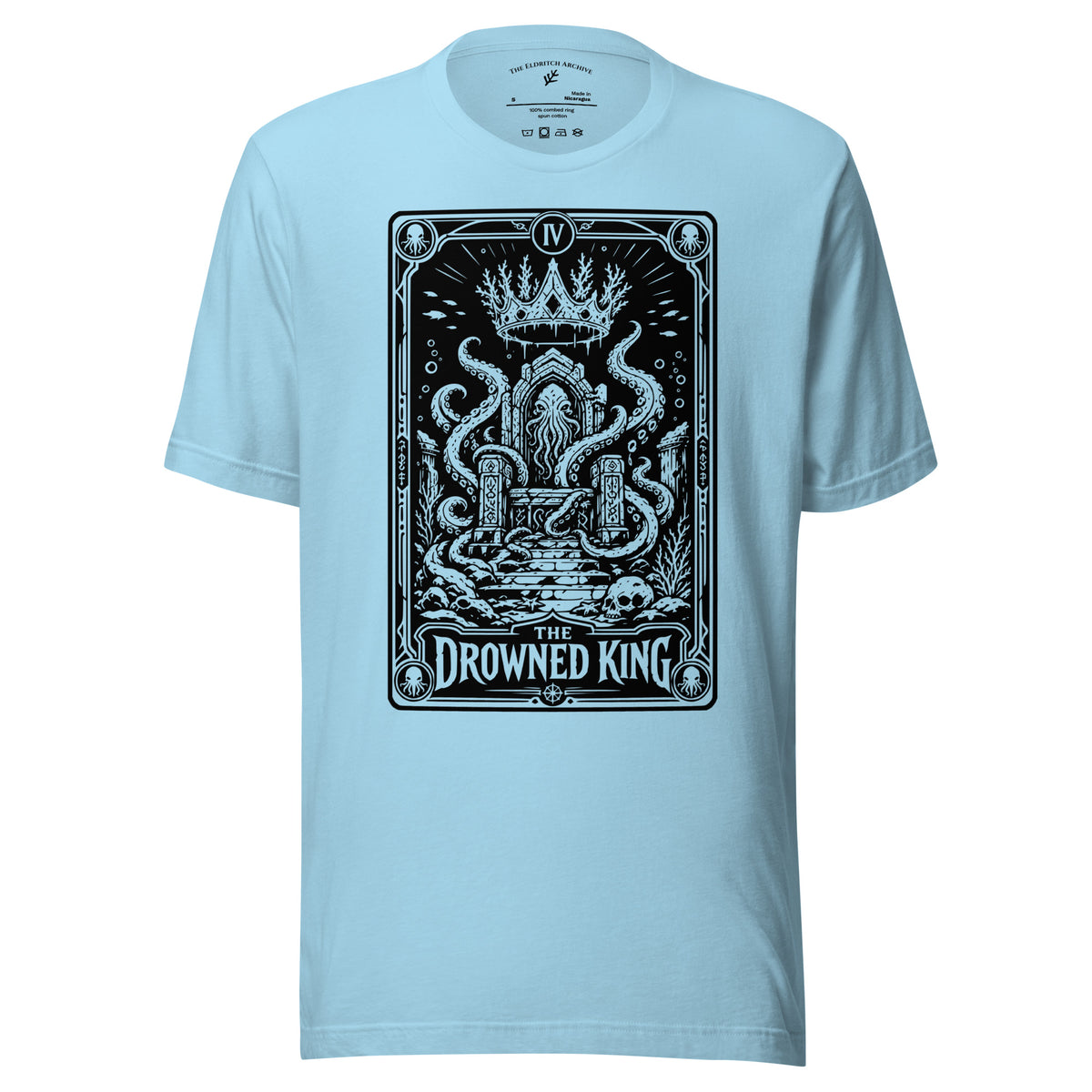 The Drowned King graphic unisex t-shirt in ocean blue, front view