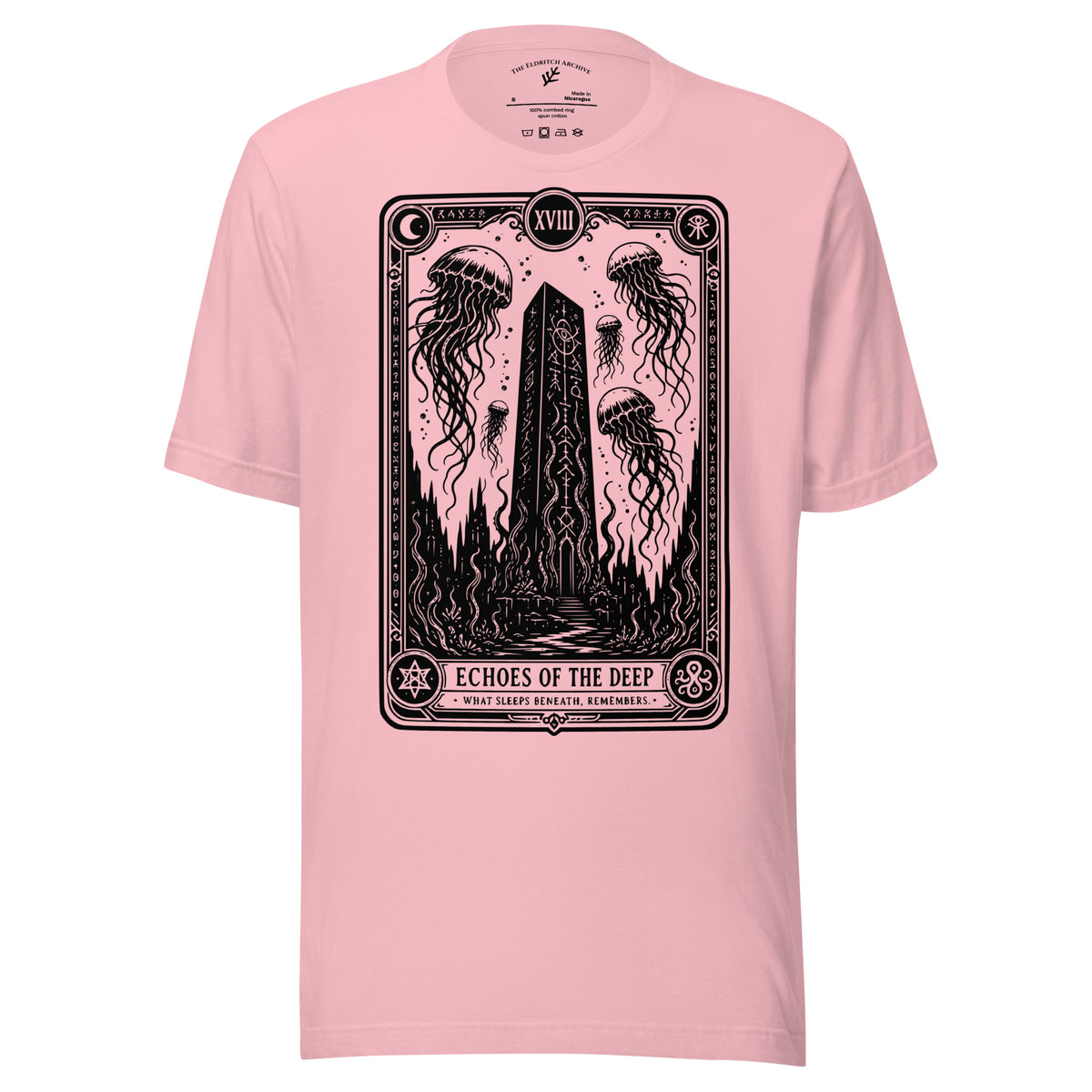 Echoes of the Deep graphic unisex t-shirt in pink, front view