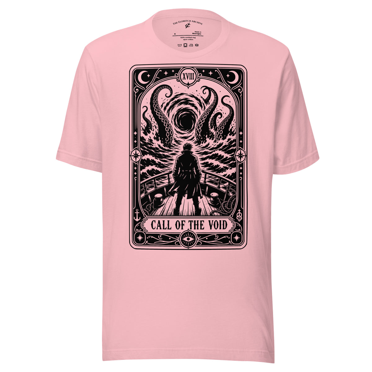 Call of the Void graphic unisex t-shirt in pink, front view