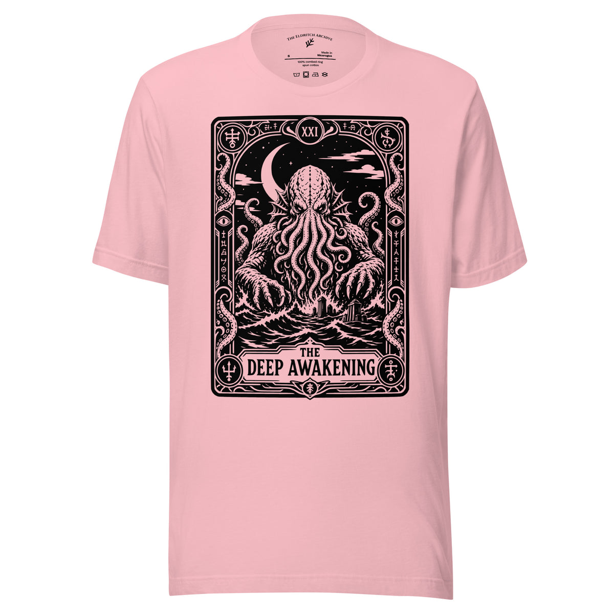 The Deep Awakening graphic unisex t-shirt in pink, front view