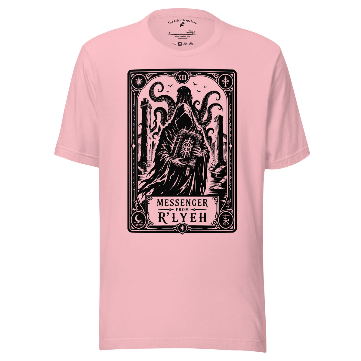 Messenger From R'lyeh graphic unisex t-shirt in pink, front view