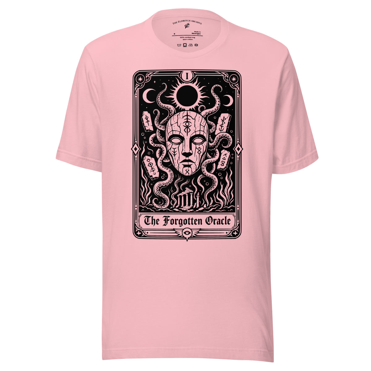 The Forgotten Oracle graphic unisex t-shirt in pink, front view