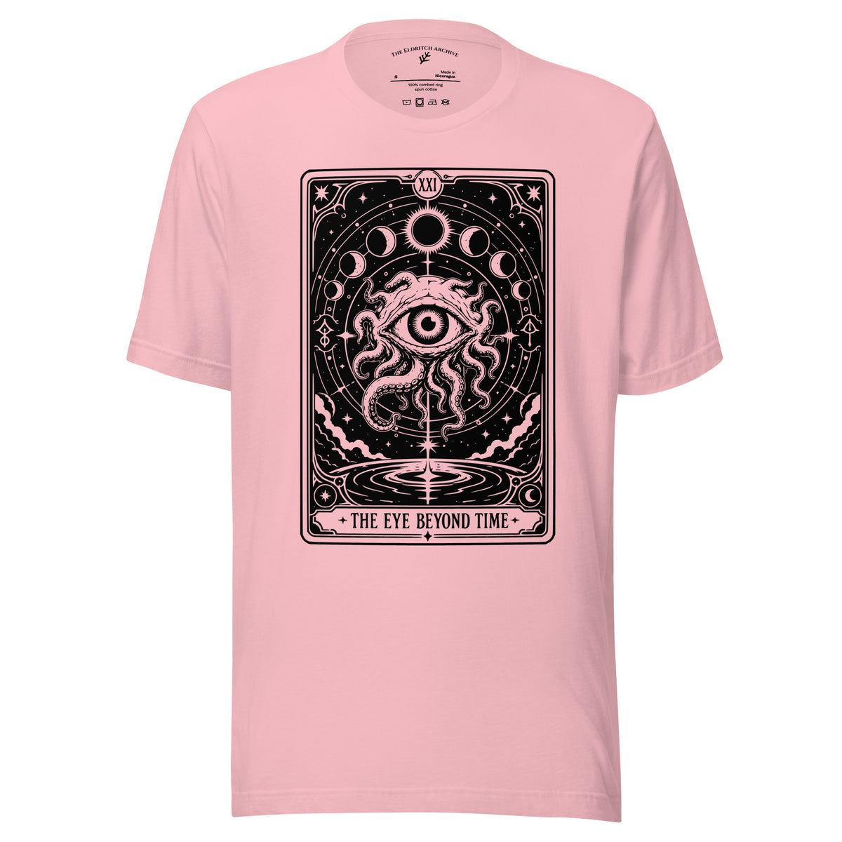 The Eye Beyond Time graphic unisex t-shirt in pink, front view