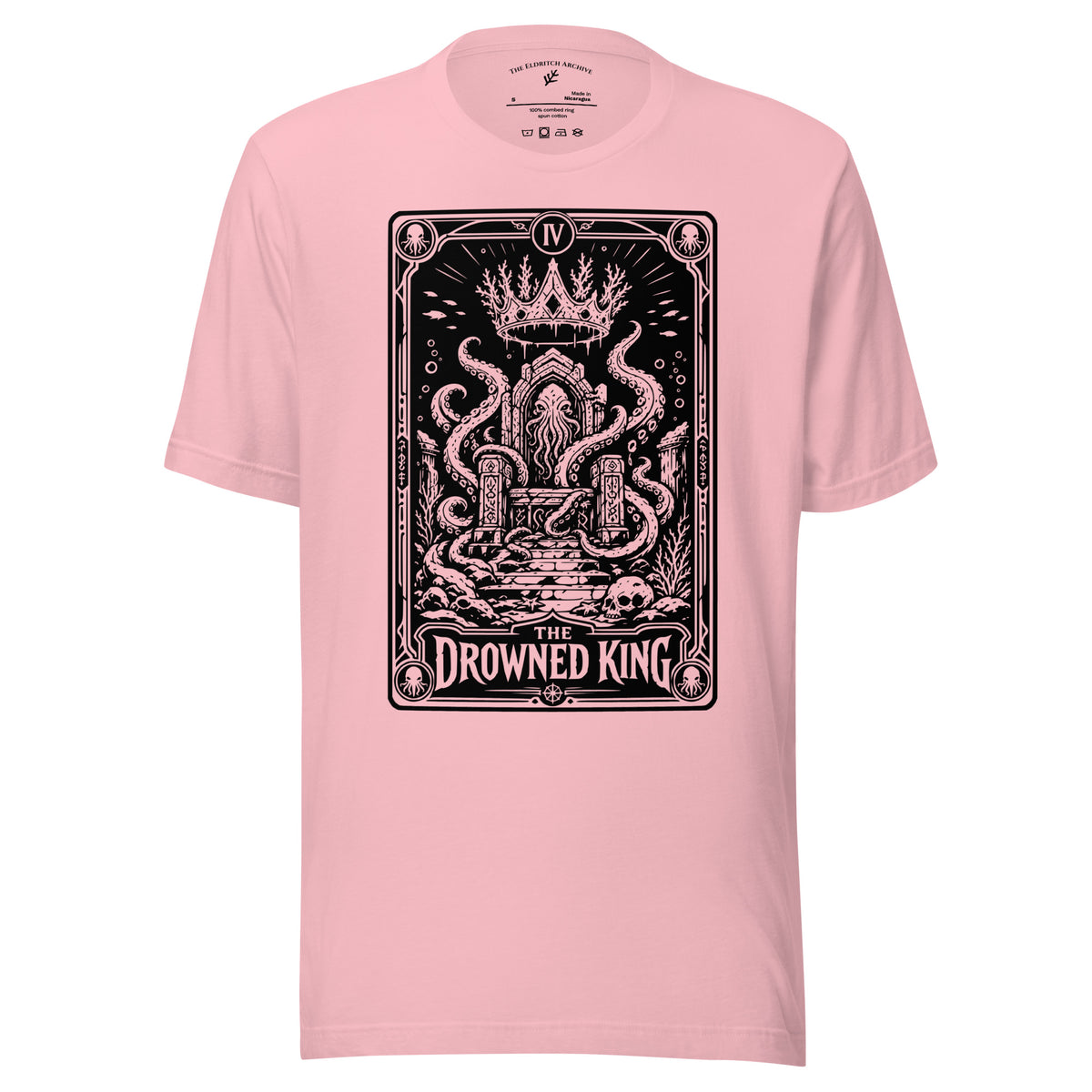The Drowned King graphic unisex t-shirt in pink, front view