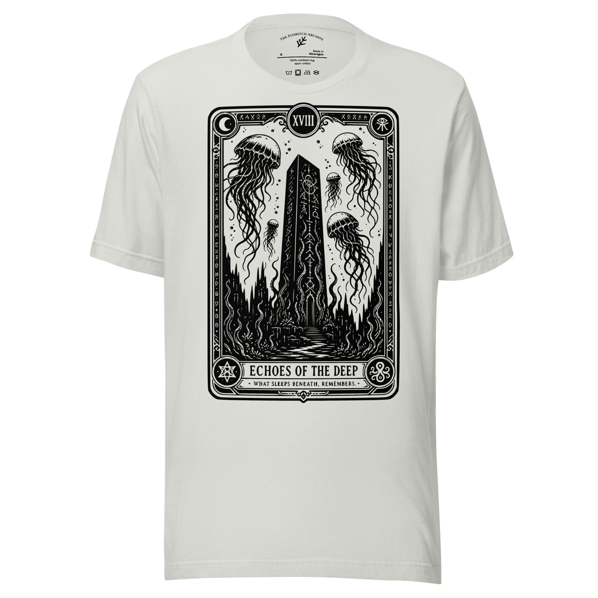 Echoes of the Deep graphic unisex t-shirt in silver, front view