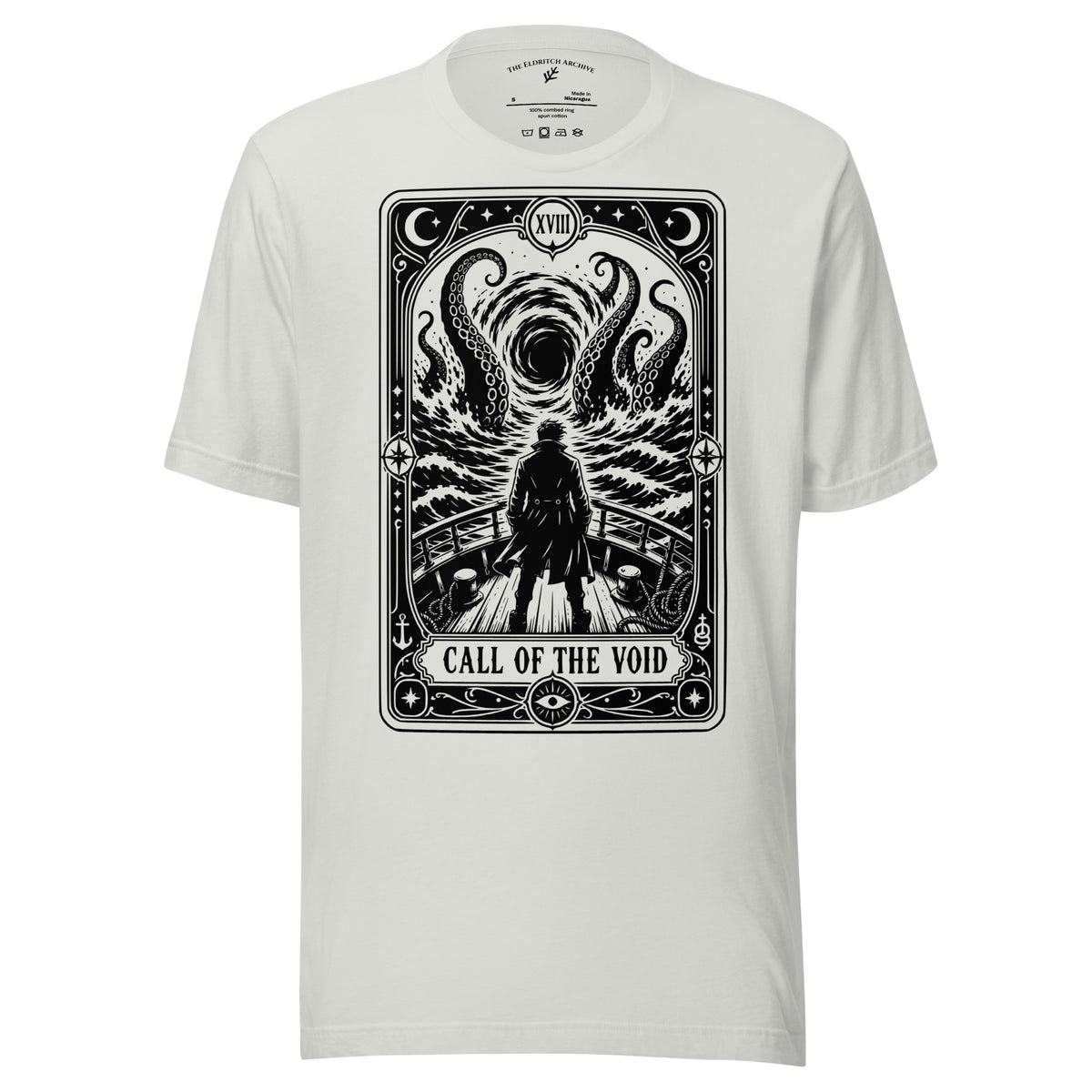 Call of the Void graphic unisex t-shirt in silver, front view