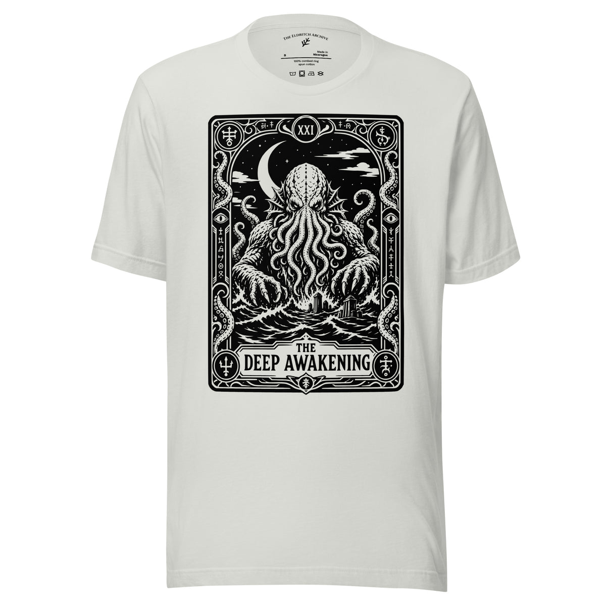 The Deep Awakening graphic unisex t-shirt in silver, front view