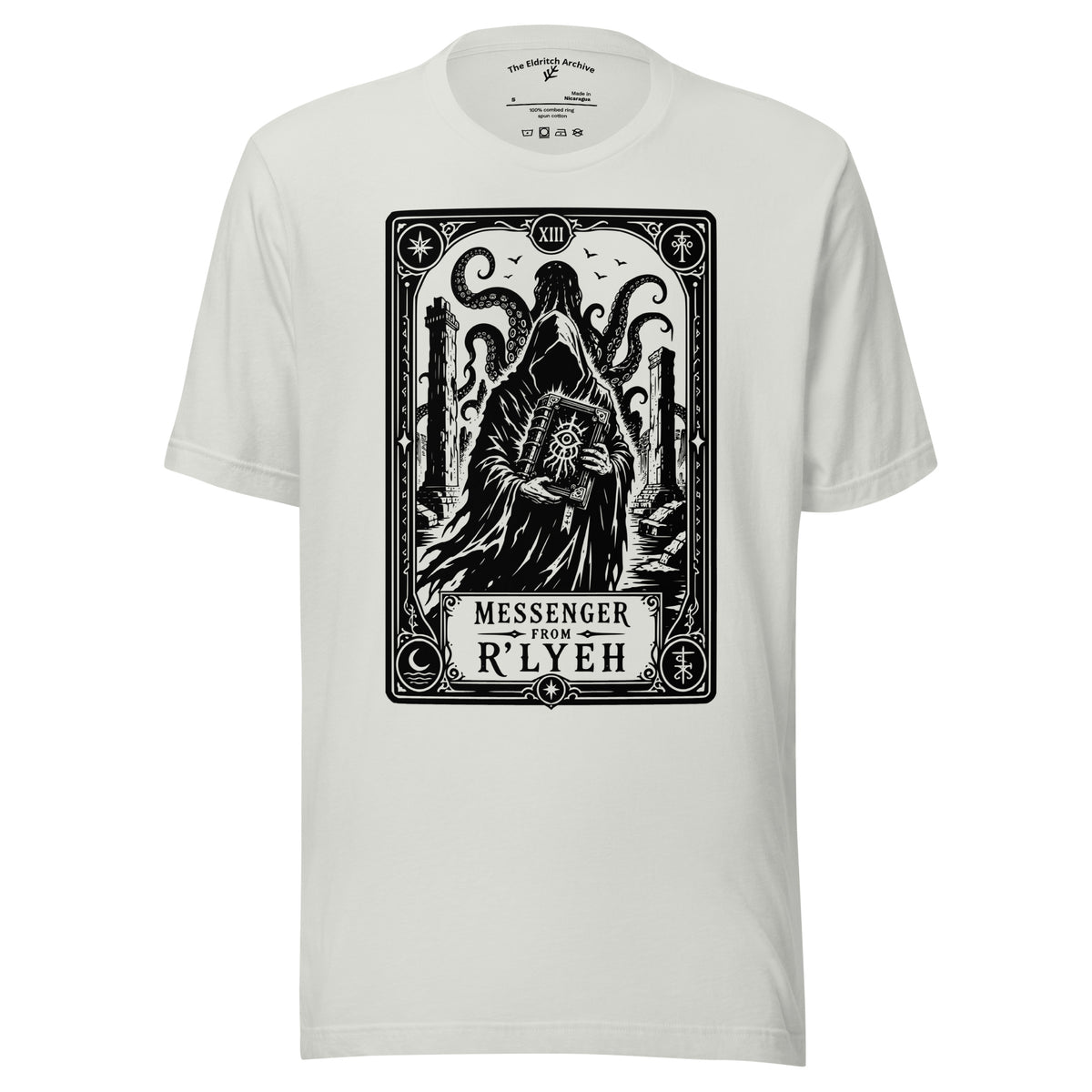 Messenger From R'lyeh graphic unisex t-shirt in silver, front view