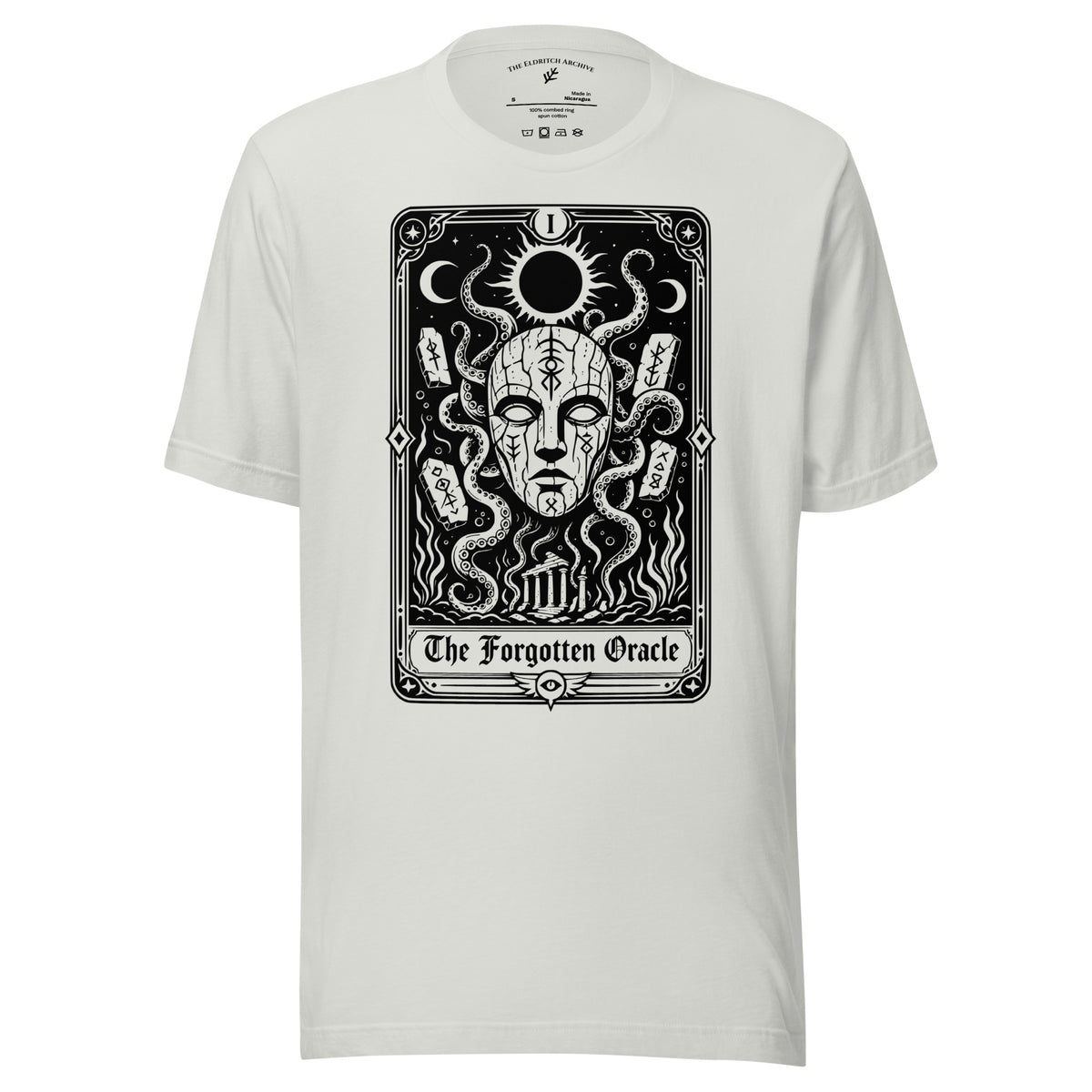 The Forgotten Oracle graphic unisex t-shirt in silver, front view
