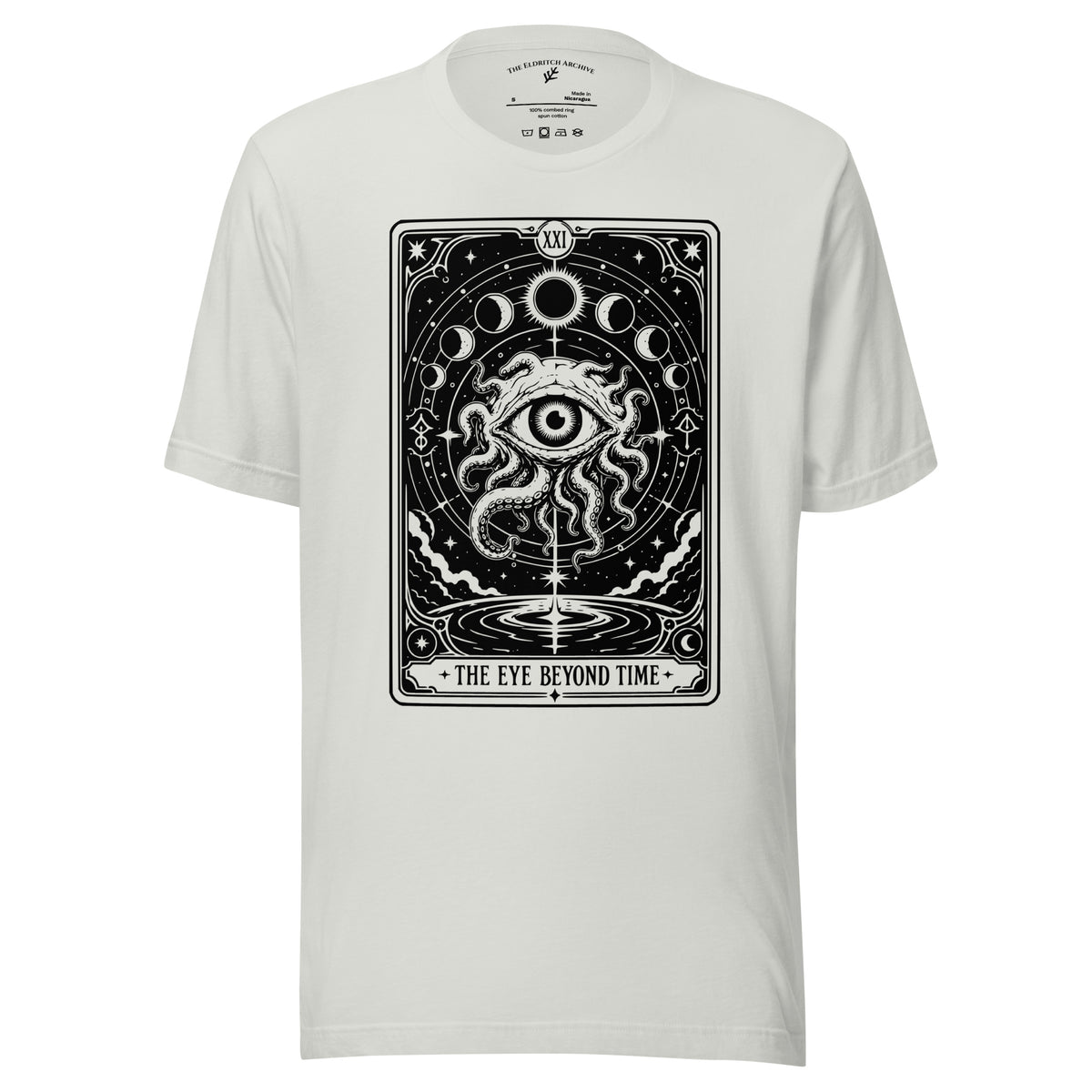 The Eye Beyond Time graphic unisex t-shirt in silver, front view