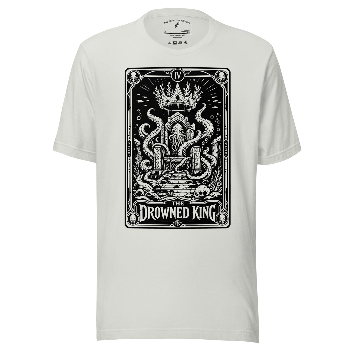 The Drowned King graphic unisex t-shirt in silver, front view