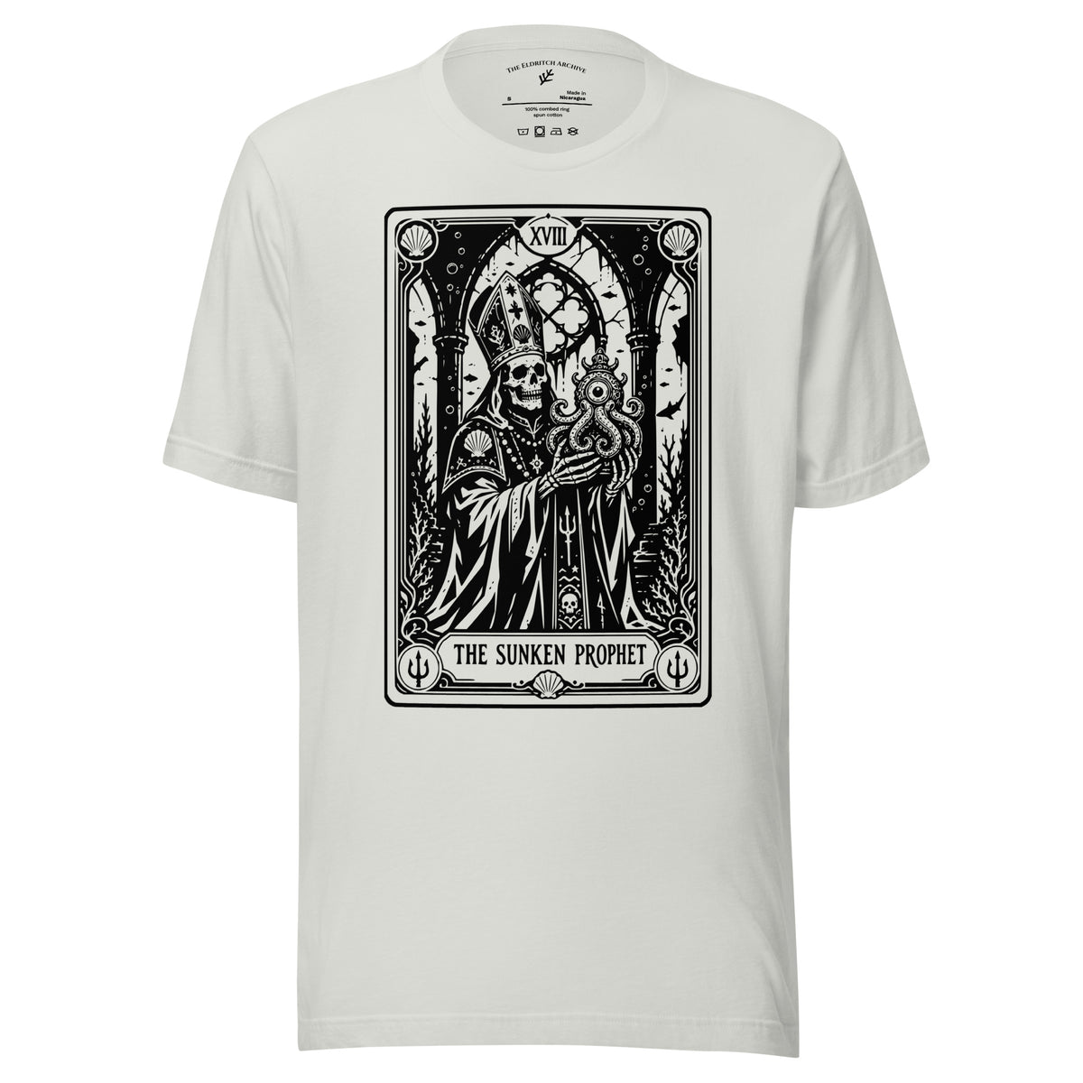 The Sunken Prophet graphic unisex t-shirt in silver, front view