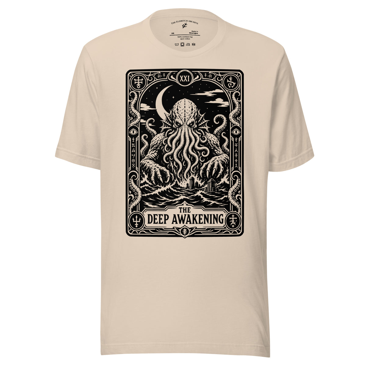 The Deep Awakening graphic unisex t-shirt in soft cream, front view