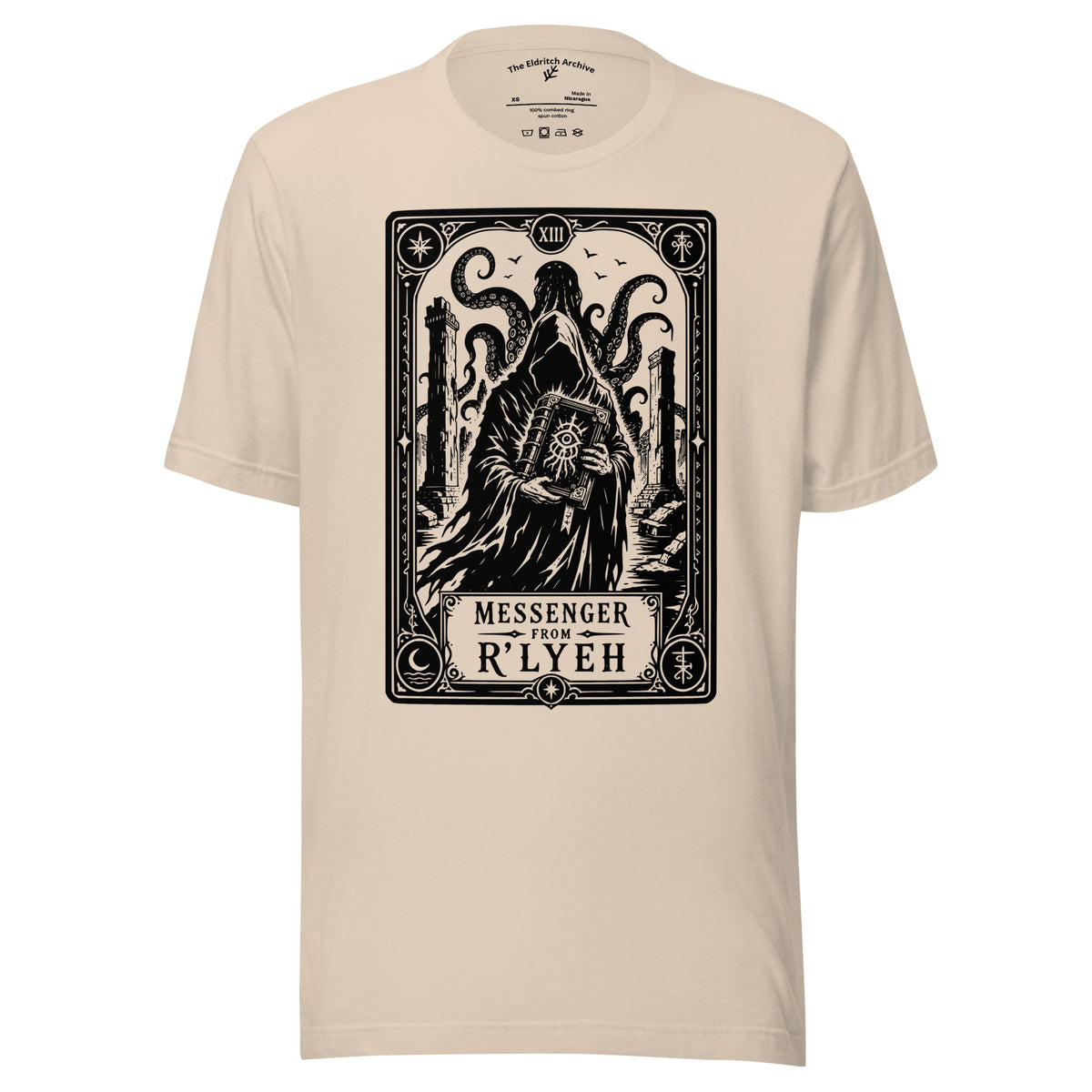 Messenger From R'lyeh graphic unisex t-shirt in soft cream, front view