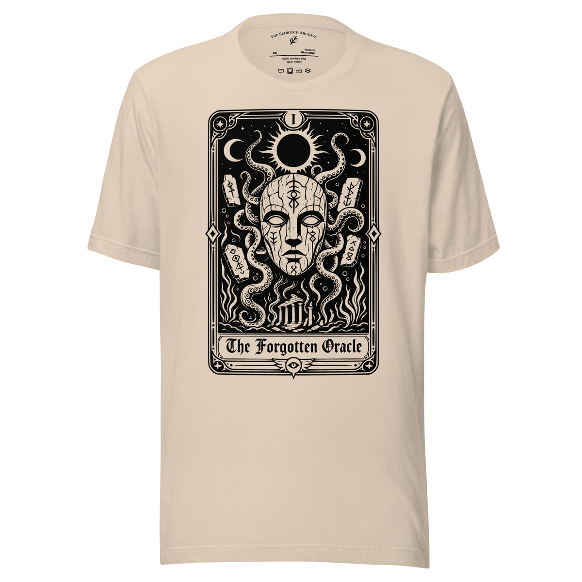 The Forgotten Oracle graphic unisex t-shirt in soft cream, front view
