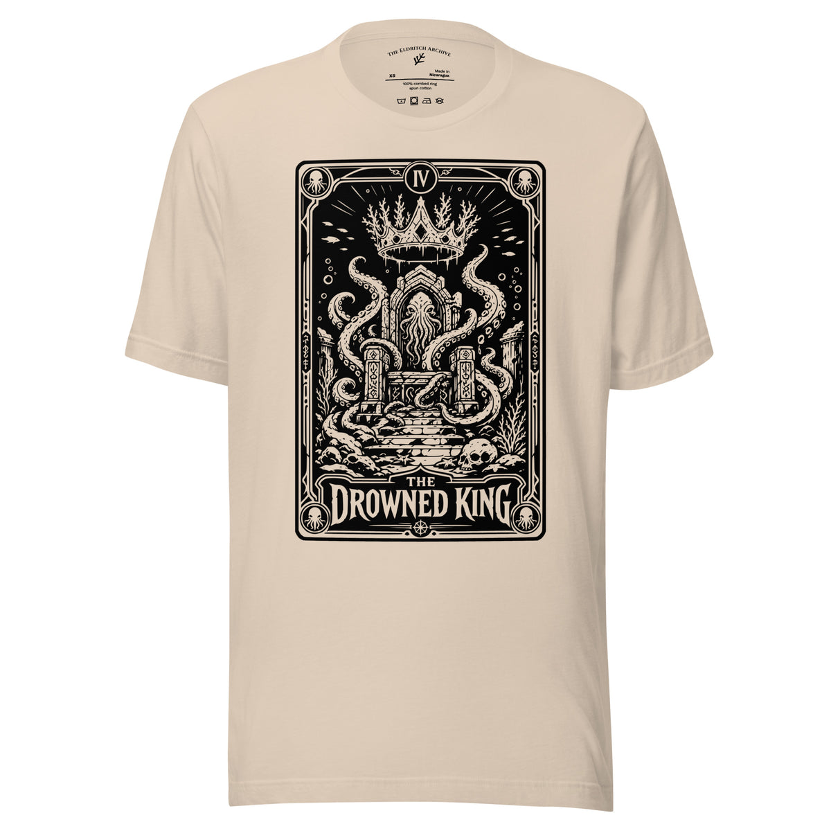 The Drowned King graphic unisex t-shirt in soft cream, front view