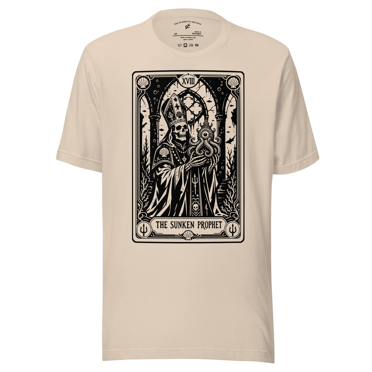 The Sunken Prophet graphic unisex t-shirt in soft cream, front view